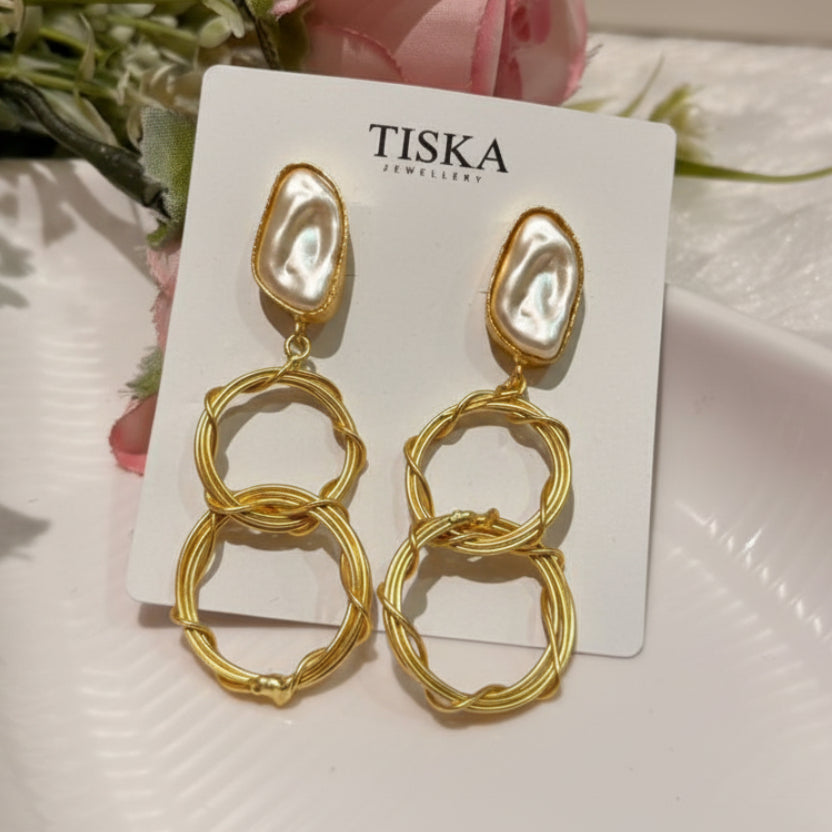 Golden Pearl Link Statement Earrings