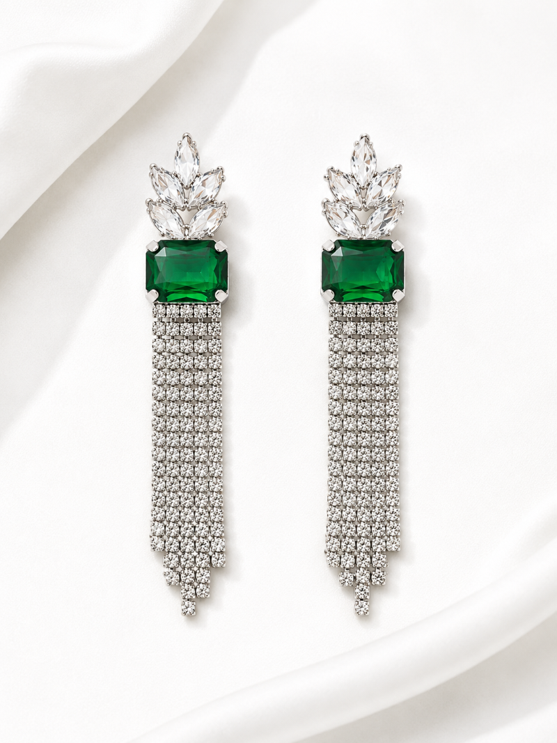 Emerald Crystal Tassel Statement Earrings