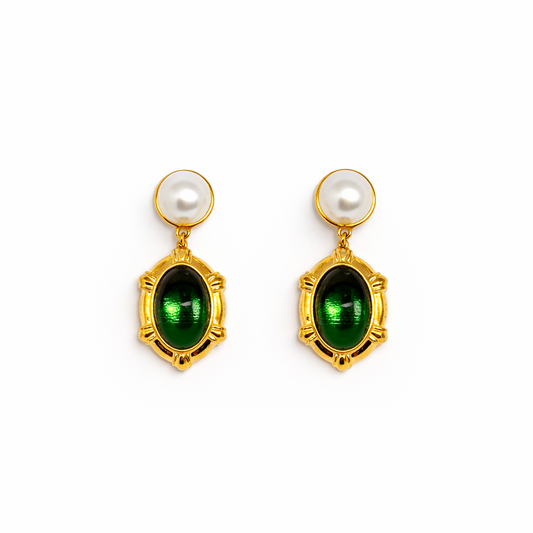 Emerald Pearl Vintage Drop Earrings