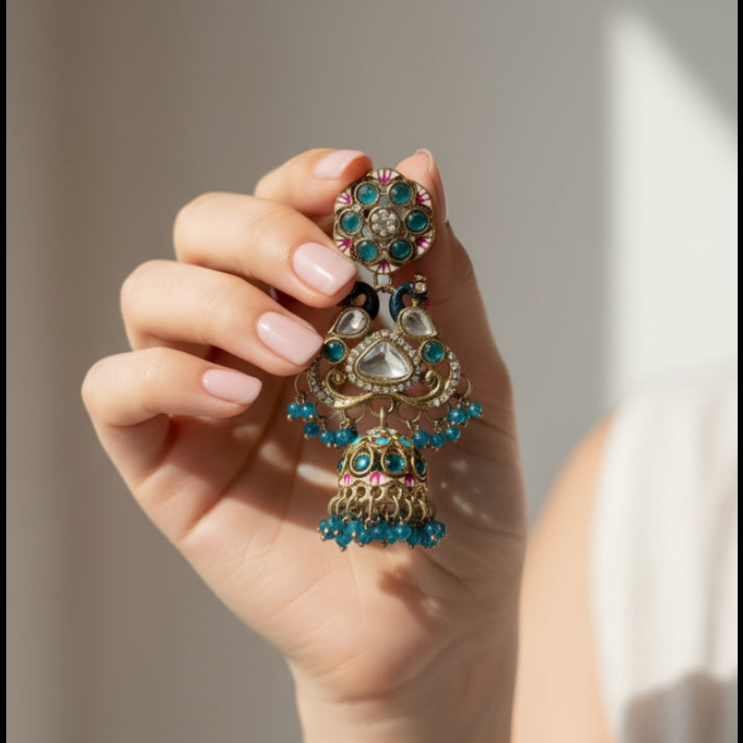 Peacock Turquoise Jhumka Earrings