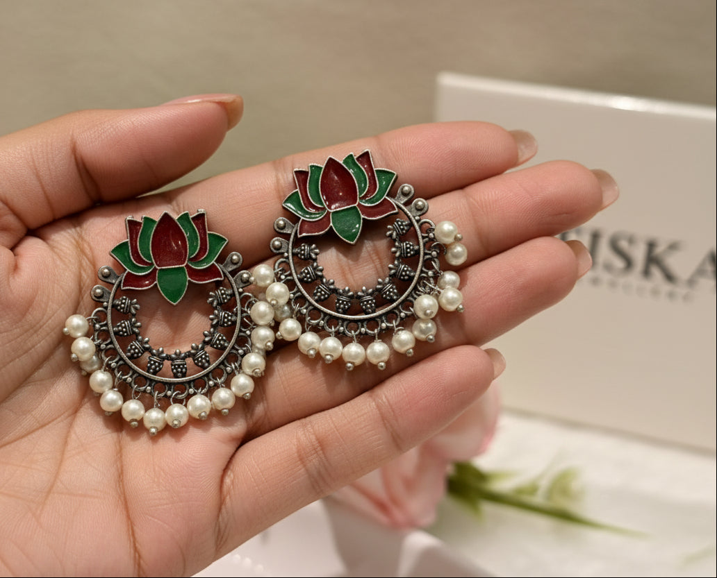 Lotus Pearl Oxidised Statement Earrings