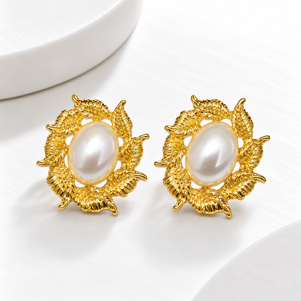 Aurelia Pearl Leaf Statement Stud Earrings