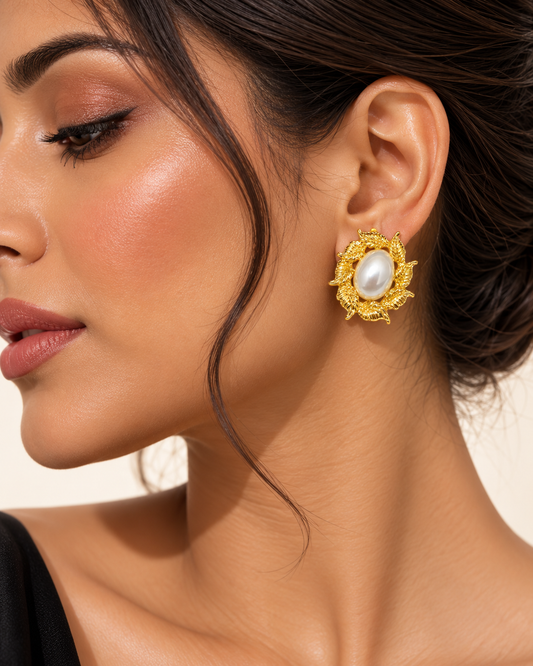 Aurelia Pearl Leaf Statement Stud Earrings