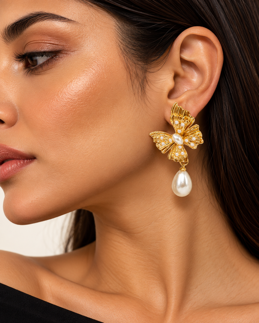 Golden Pearl Bow Drop Earrings