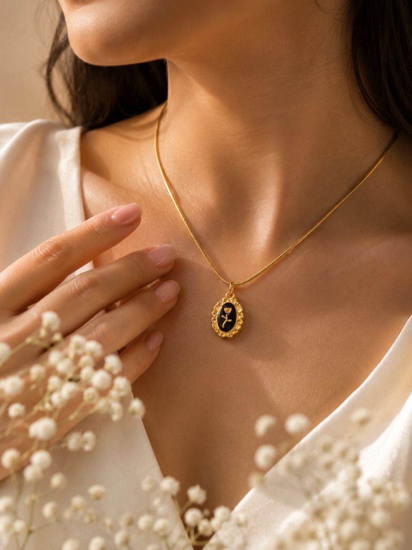 Vintage Floral Pendant Necklace 18K gold plating, (Available in Black & Ivory)