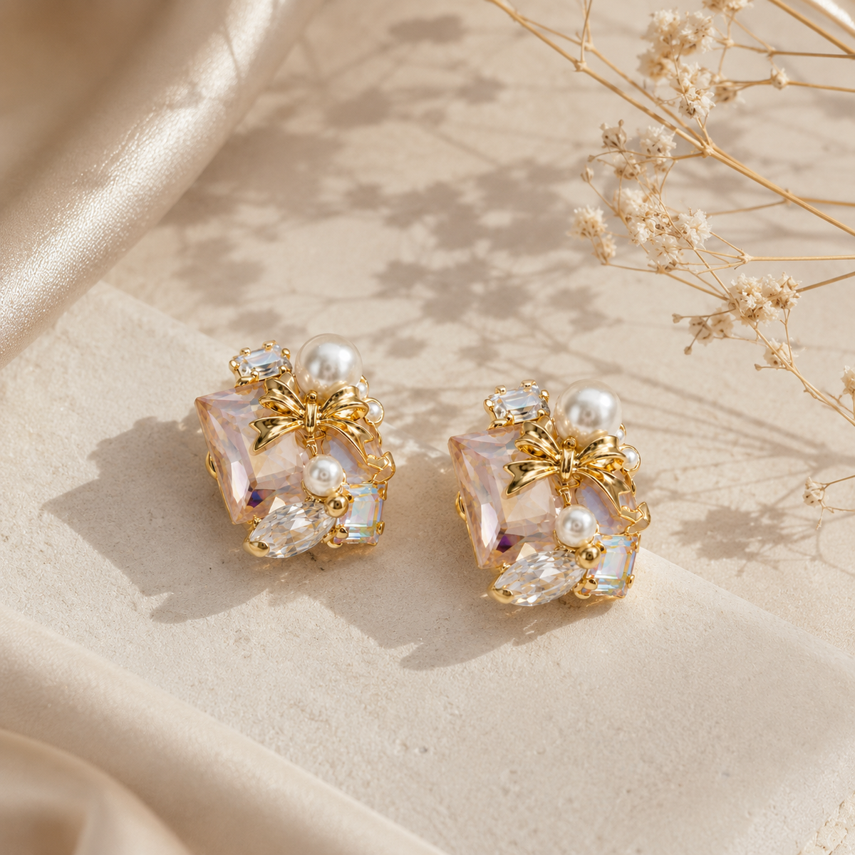 Blush Crystal & Pearl Stud Earrings