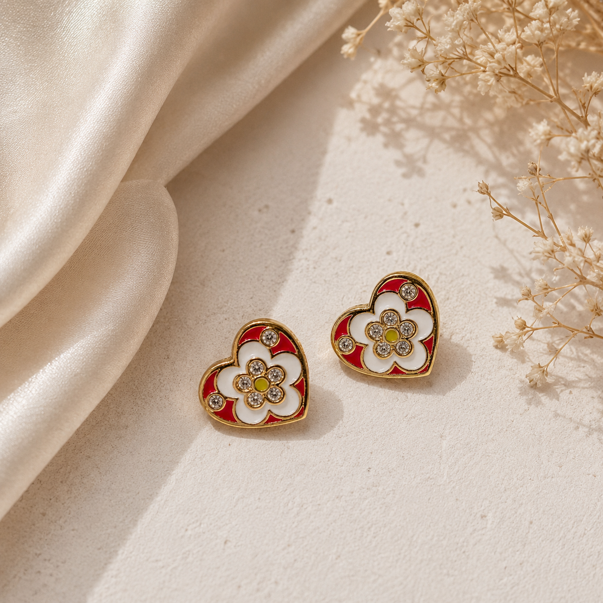Enamel Heart Floral Stud Earrings