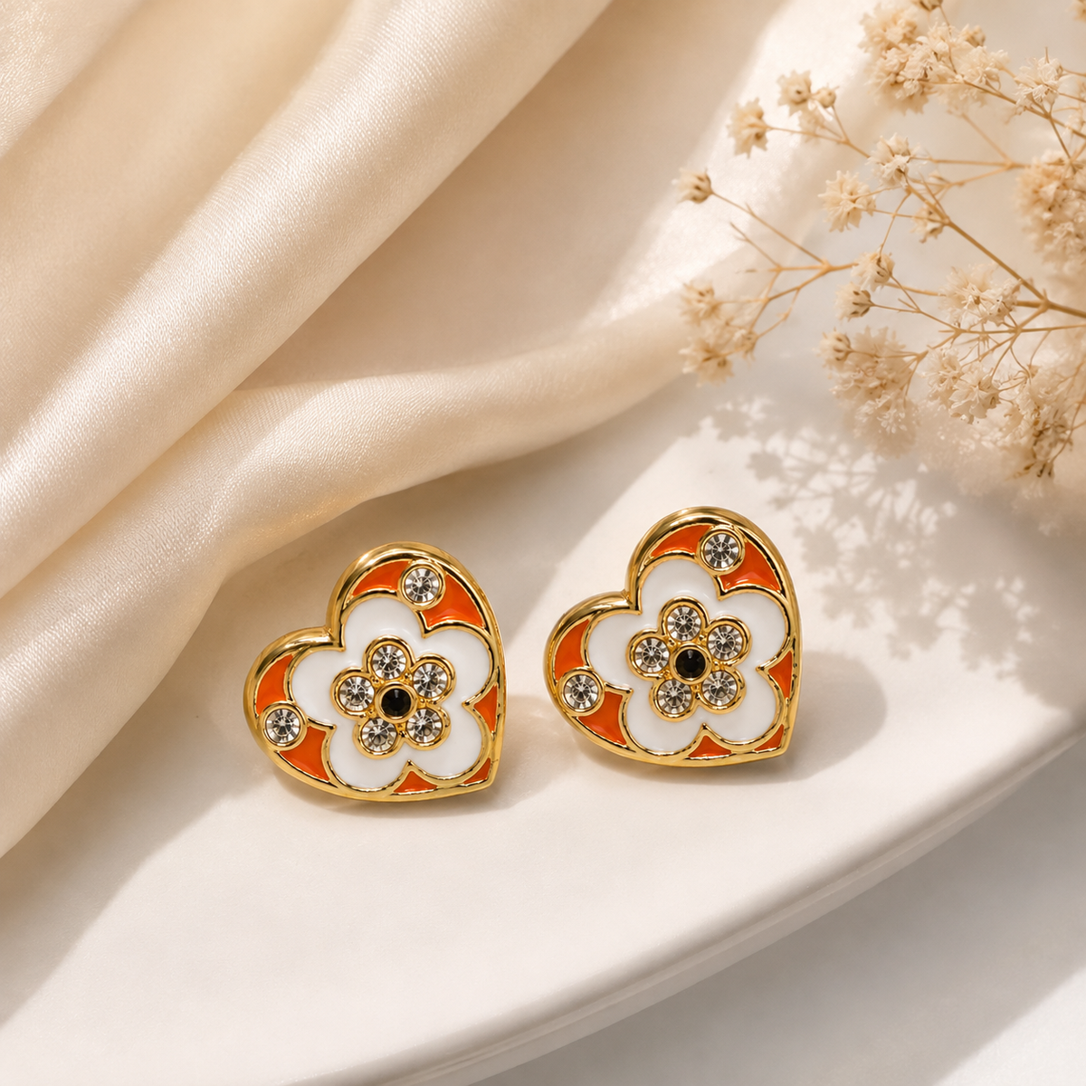 Enamel Heart Floral Stud Earrings