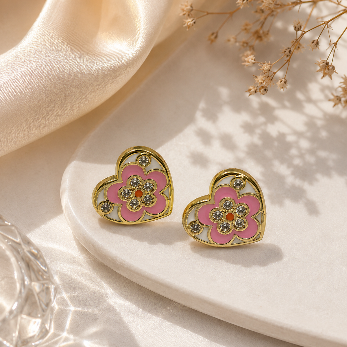 Enamel Heart Floral Stud Earrings