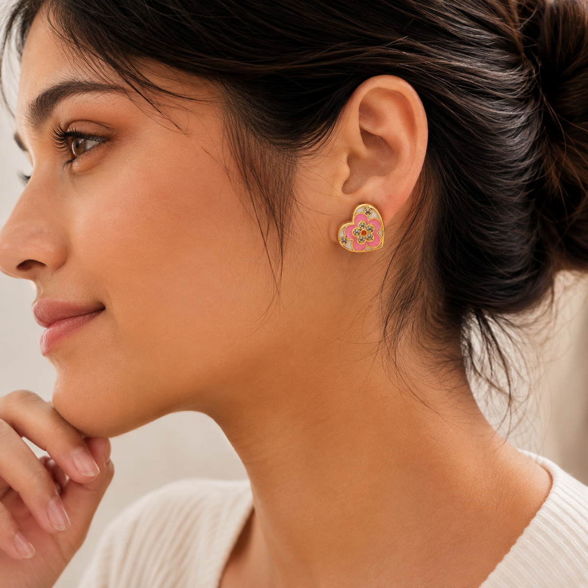 Enamel Heart Floral Stud Earrings