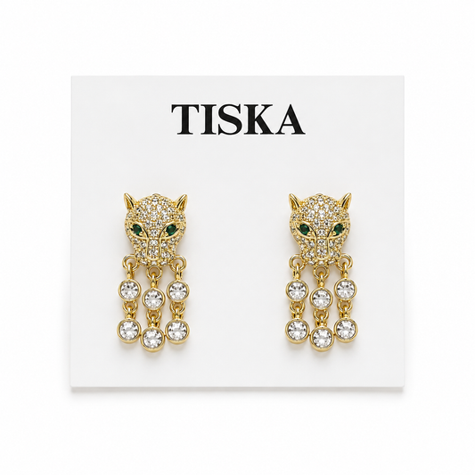 Golden Panther Crystal Drop Earrings