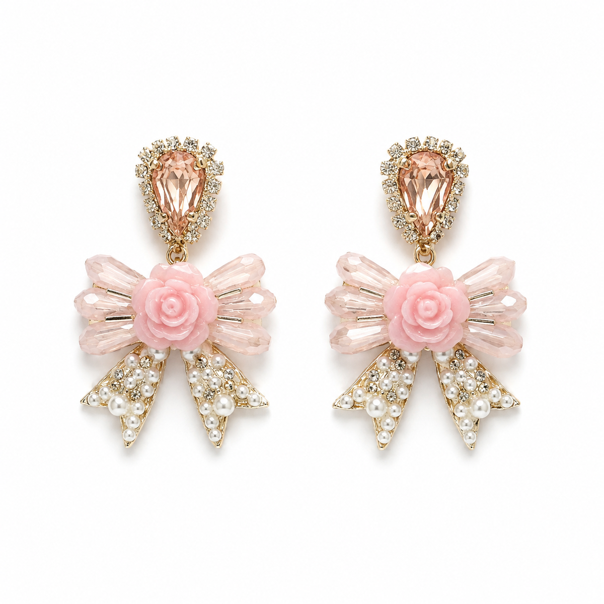 Blush Rose Bow Crystal Stud Earrings