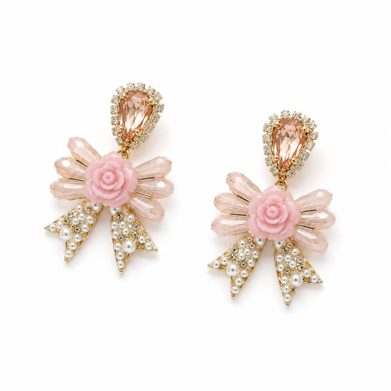 Blush Rose Bow Crystal Stud Earrings