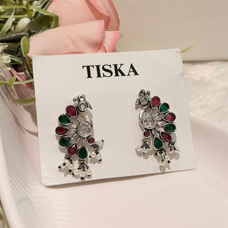 Peacock Charm Oxidised Statement Earrings