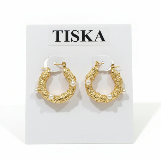 18K Gold Plated Pearl Textured Hoop Earrings