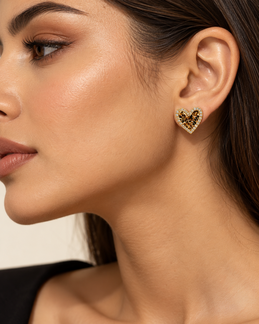 Golden Crystal Heart Stud Earrings | 925 Silver