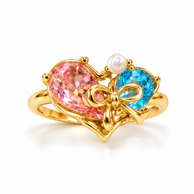Pastel Crystal Heart Bow Ring