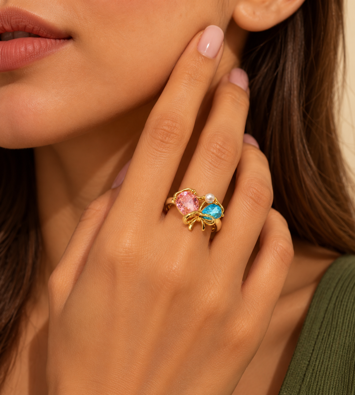 Pastel Crystal Heart Bow Ring