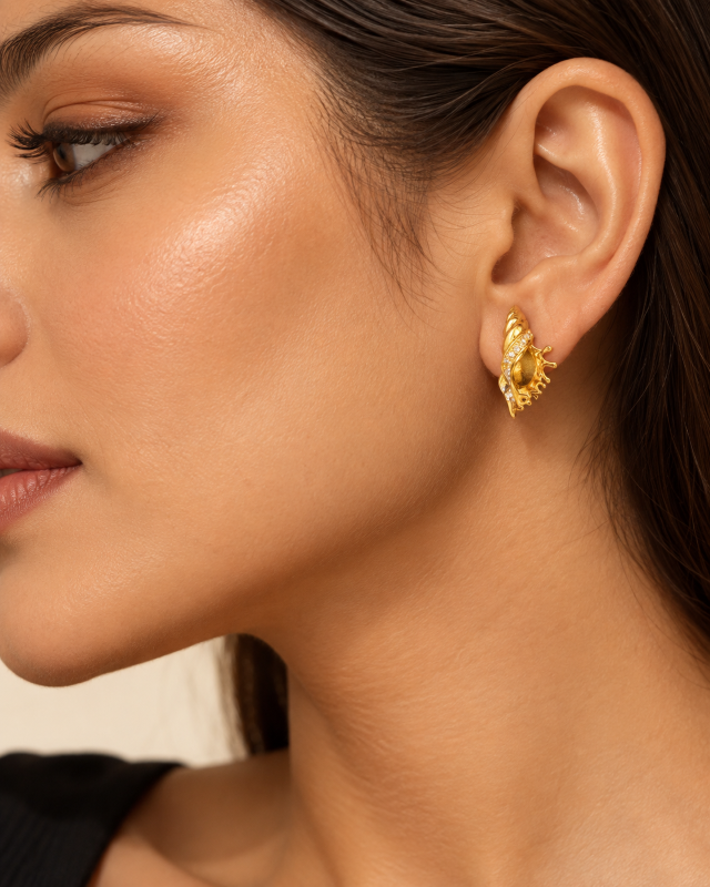 Golden Seashell Crystal Stud Earrings