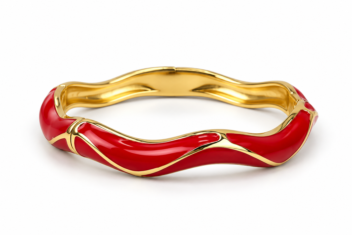 Wave Red Enamel Gold Bangle (Anti-Tarnish) | Medium wrists