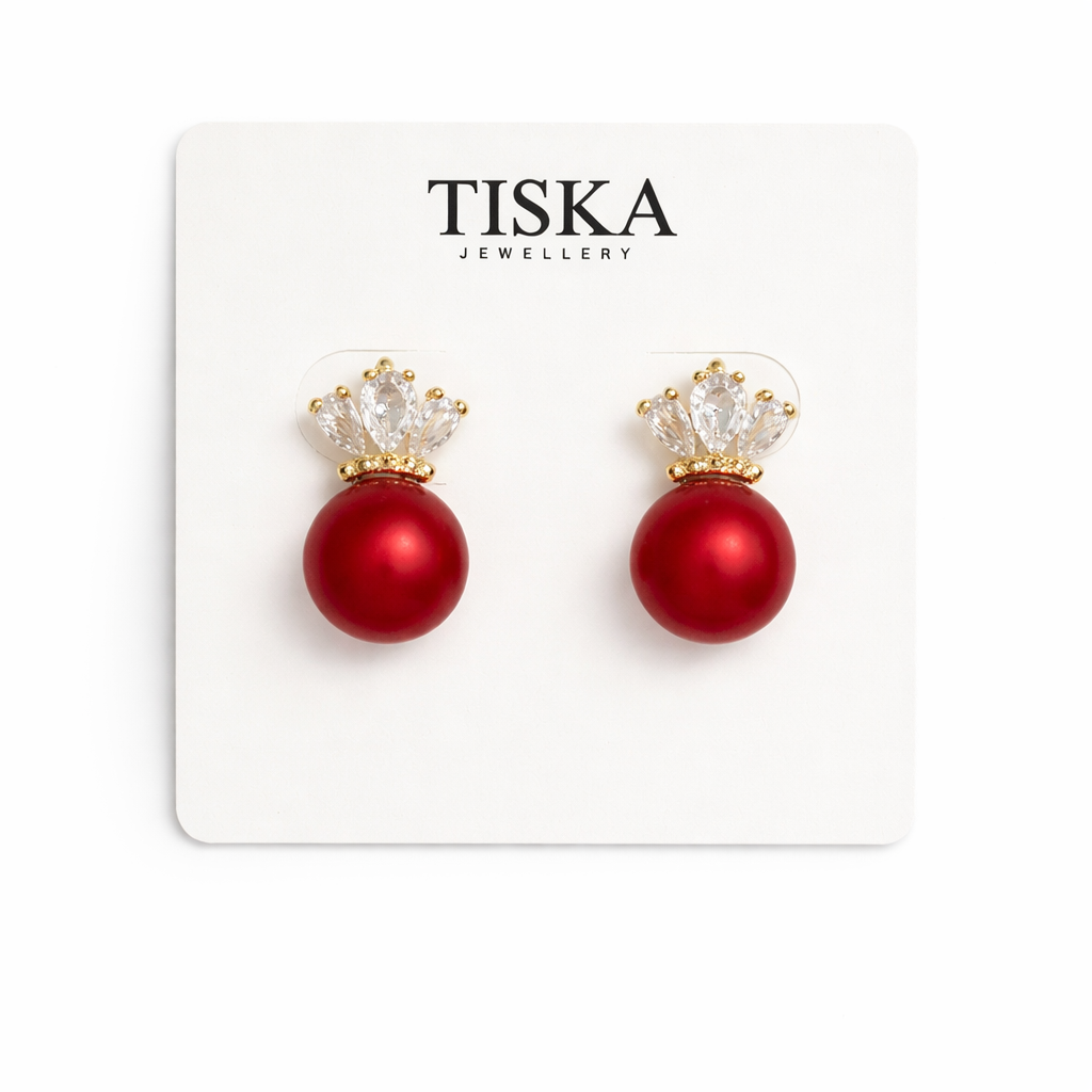 Ruby Pearl Crown Stud Earrings