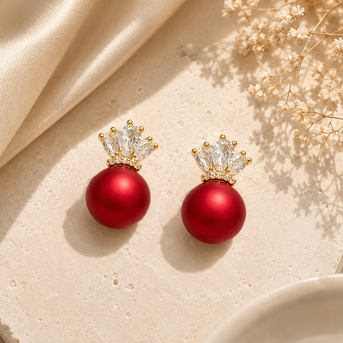 Ruby Pearl Crown Stud Earrings