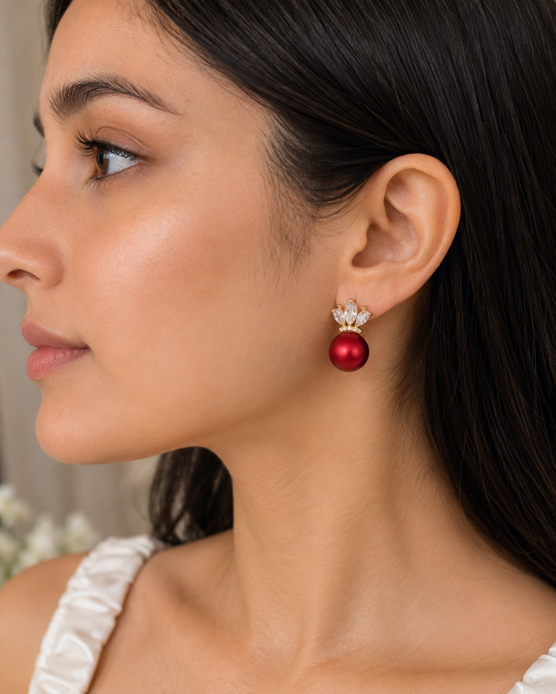 Ruby Pearl Crown Stud Earrings