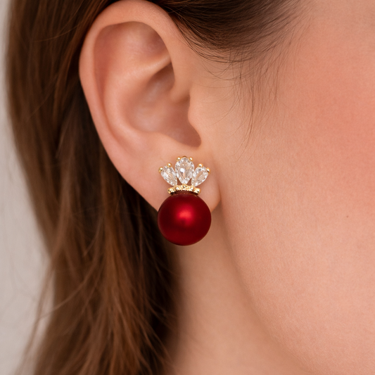 Ruby Pearl Crown Stud Earrings
