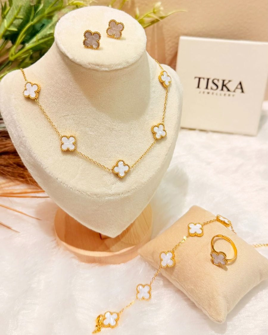 White Anti Tarnish Clover Jewellery Set (4-Piece)