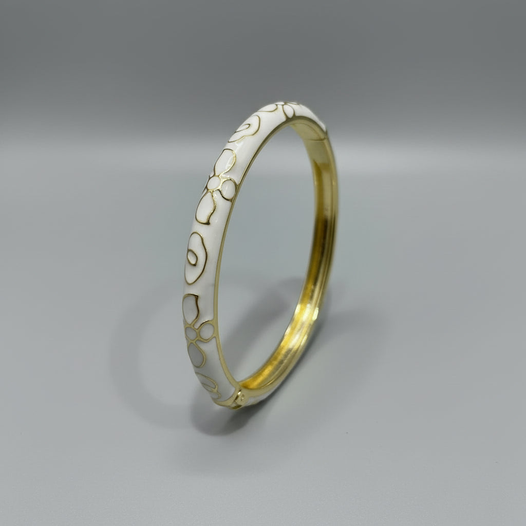White Enamel Floral Gold Bangle (Anti-Tarnish)