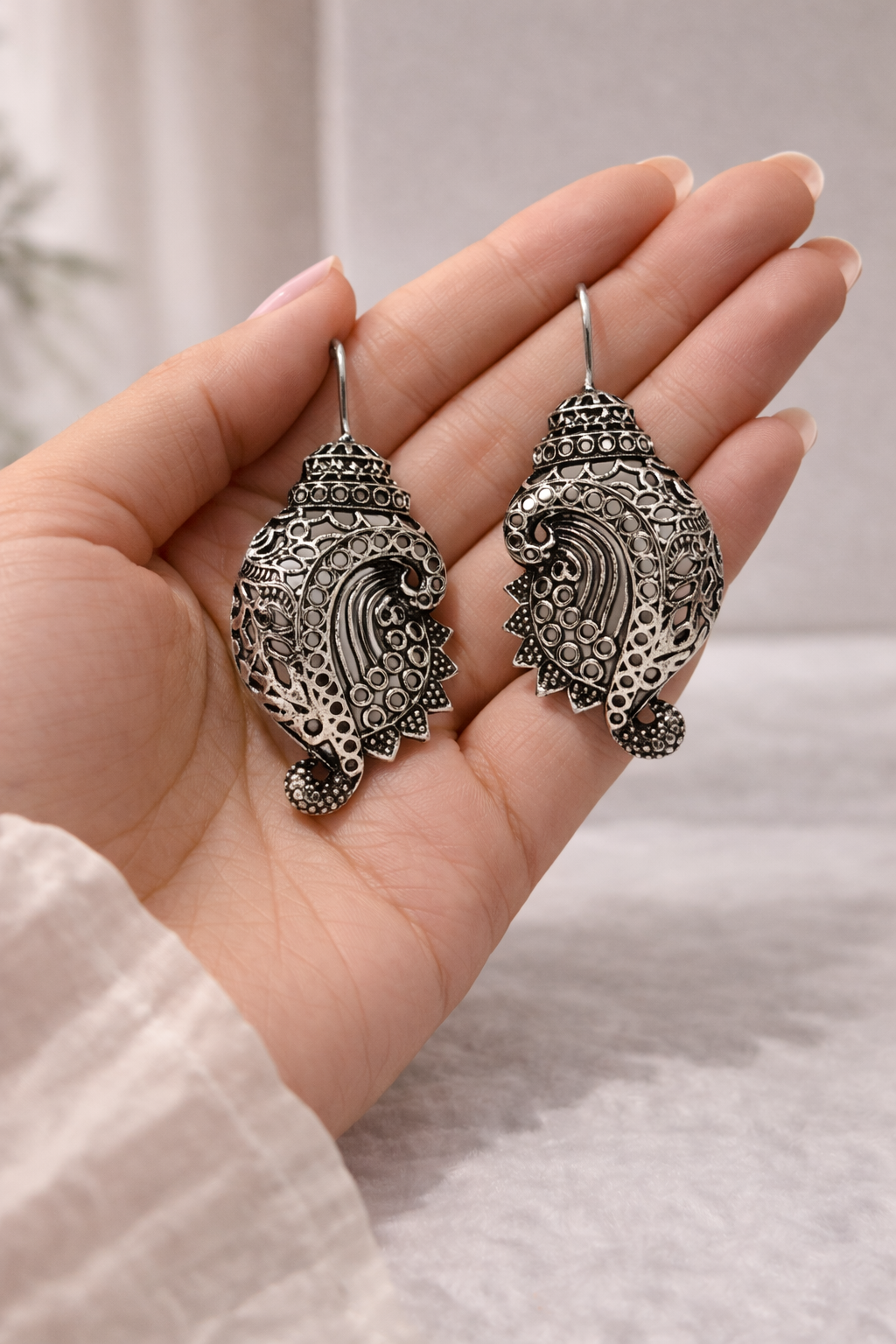 Oxidised Conch Shell Statement Earrings