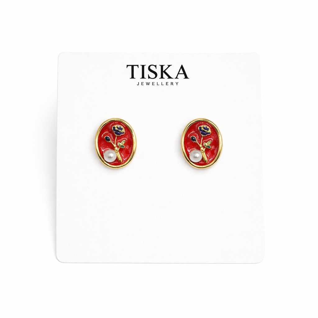 Scarlet Bloom Pearl Stud Earrings