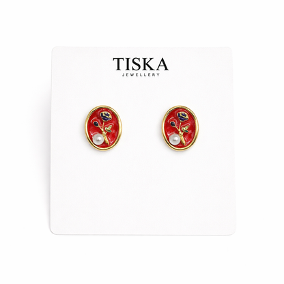 Scarlet Bloom Pearl Stud Earrings
