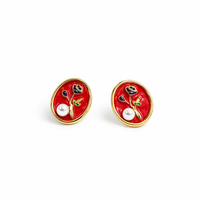 Scarlet Bloom Pearl Stud Earrings