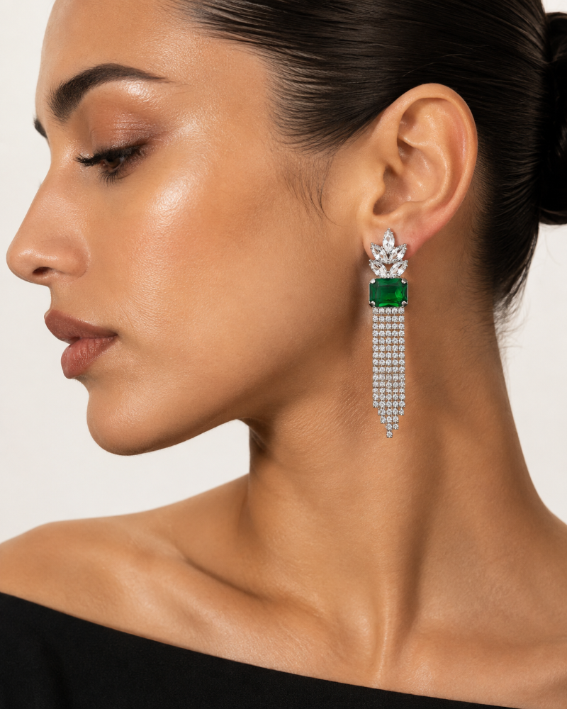 Emerald Crystal Tassel Statement Earrings