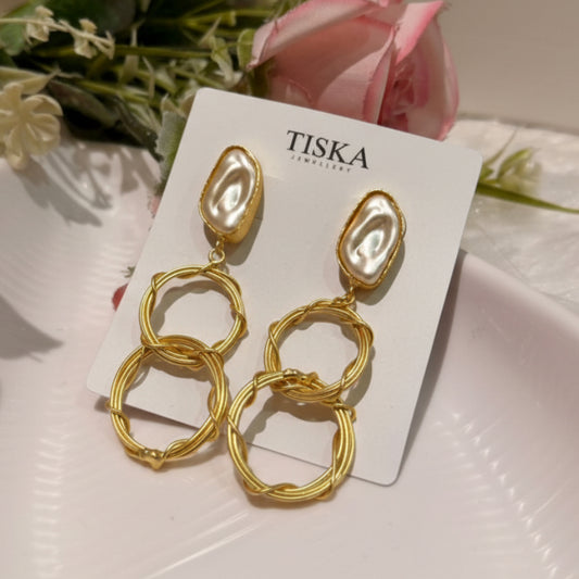 Golden Pearl Link Statement Earrings