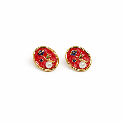 Scarlet Bloom Pearl Stud Earrings