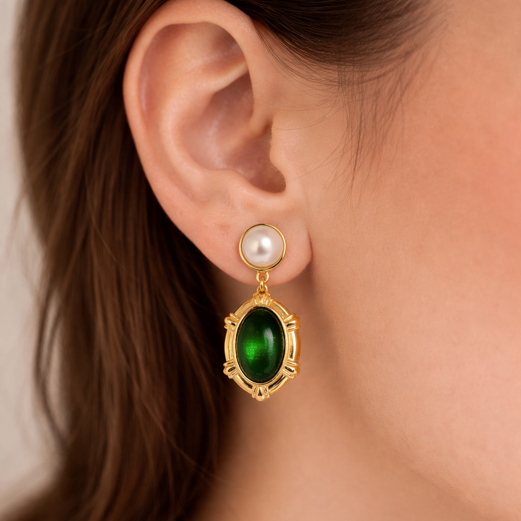 Emerald Pearl Vintage Drop Earrings