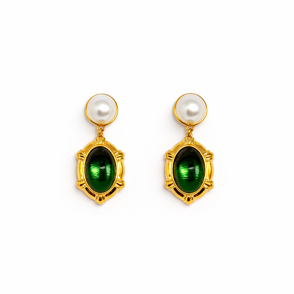 Emerald Pearl Vintage Drop Earrings