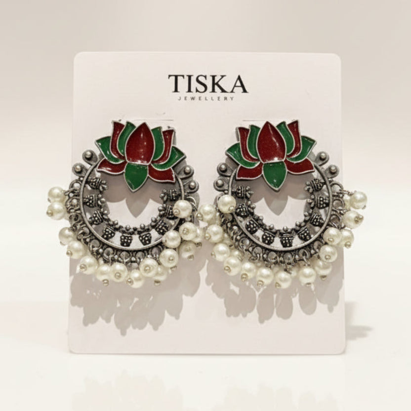 Lotus Pearl Oxidised Statement Earrings