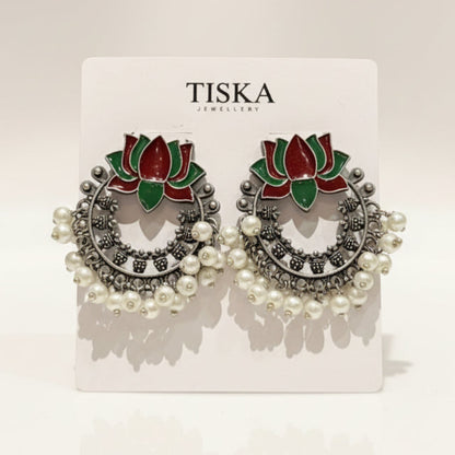 Lotus Pearl Oxidised Statement Earrings