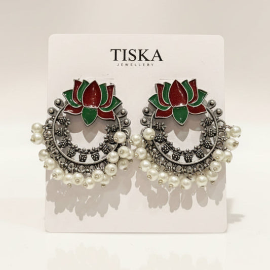 Lotus Pearl Oxidised Statement Earrings