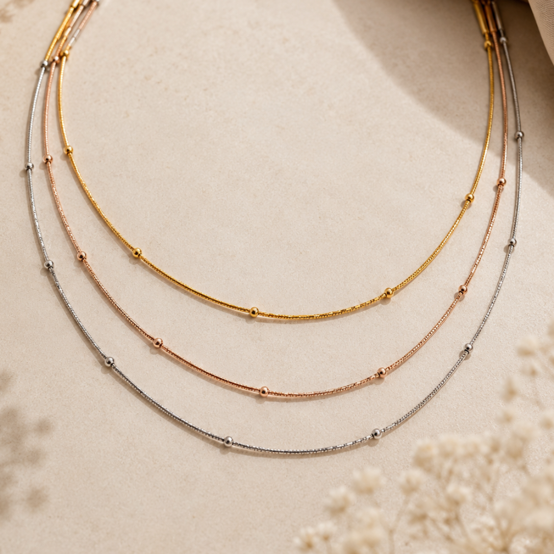 Multi-Tone Layered Beaded Chain Necklace – Gold, Silver & Rose Gold | Anti-Tarnish