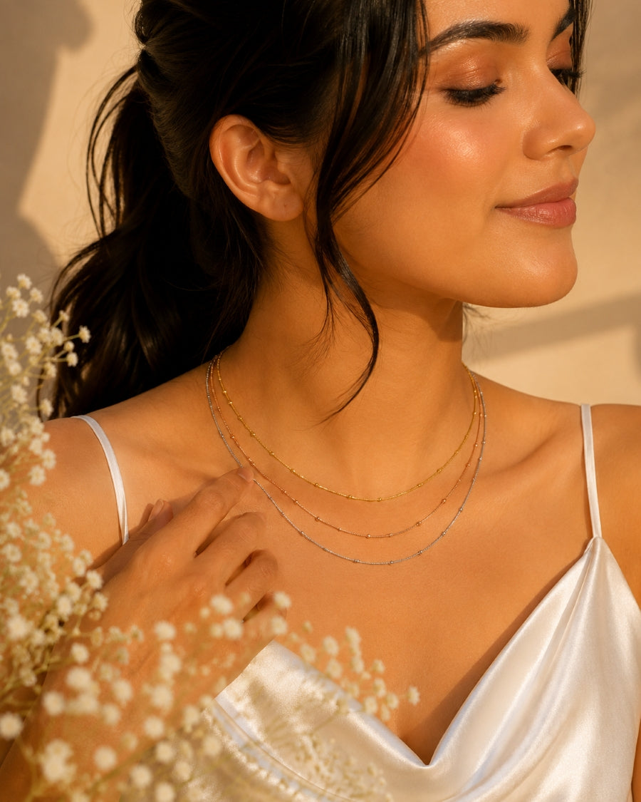 Multi-Tone Layered Beaded Chain Necklace – Gold, Silver & Rose Gold | Anti-Tarnish