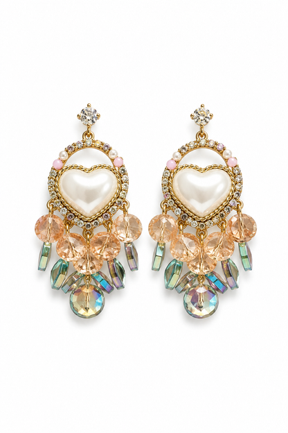 Pearl Heart Crystal Drop Statement Earrings