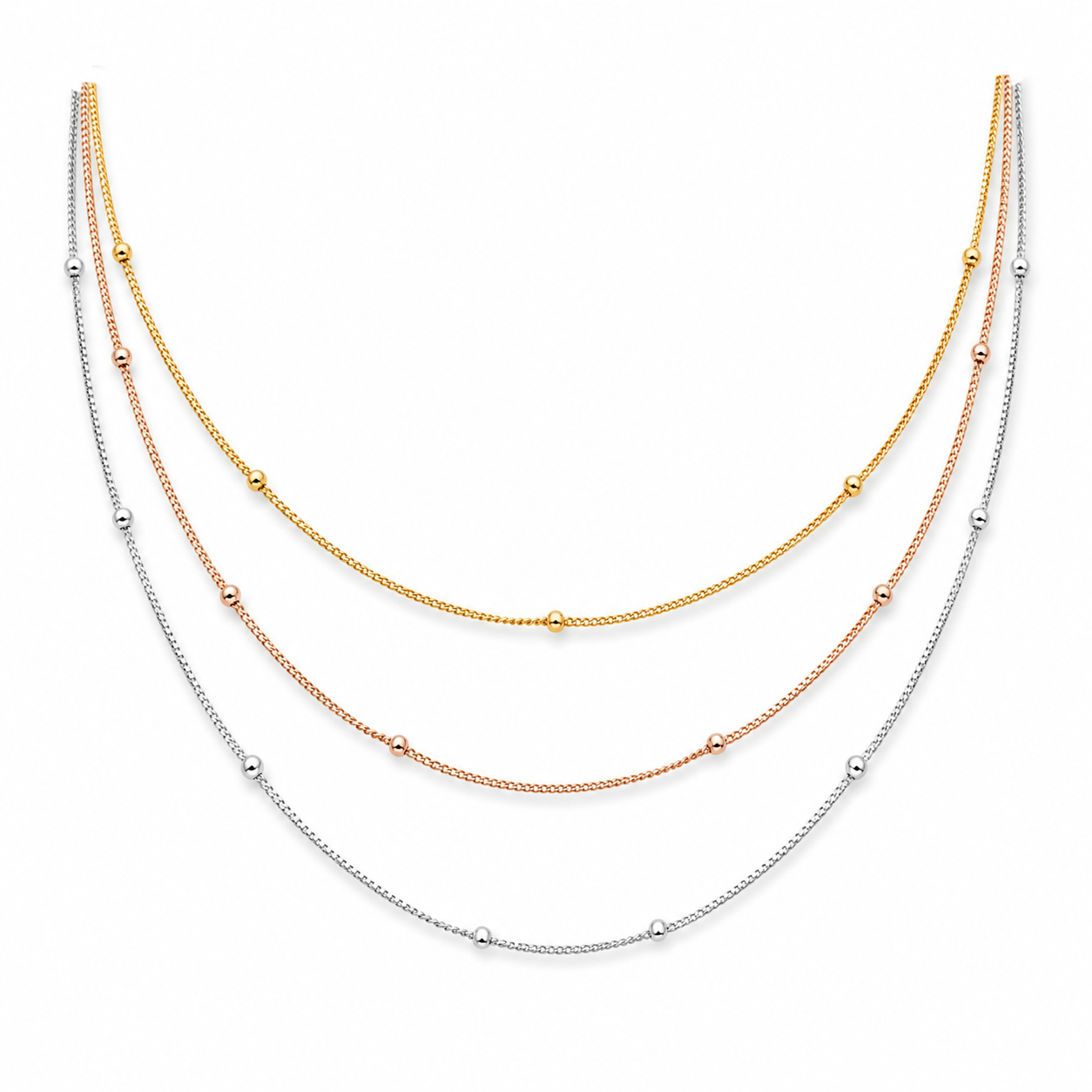 Multi-Tone Layered Beaded Chain Necklace – Gold, Silver & Rose Gold | Anti-Tarnish