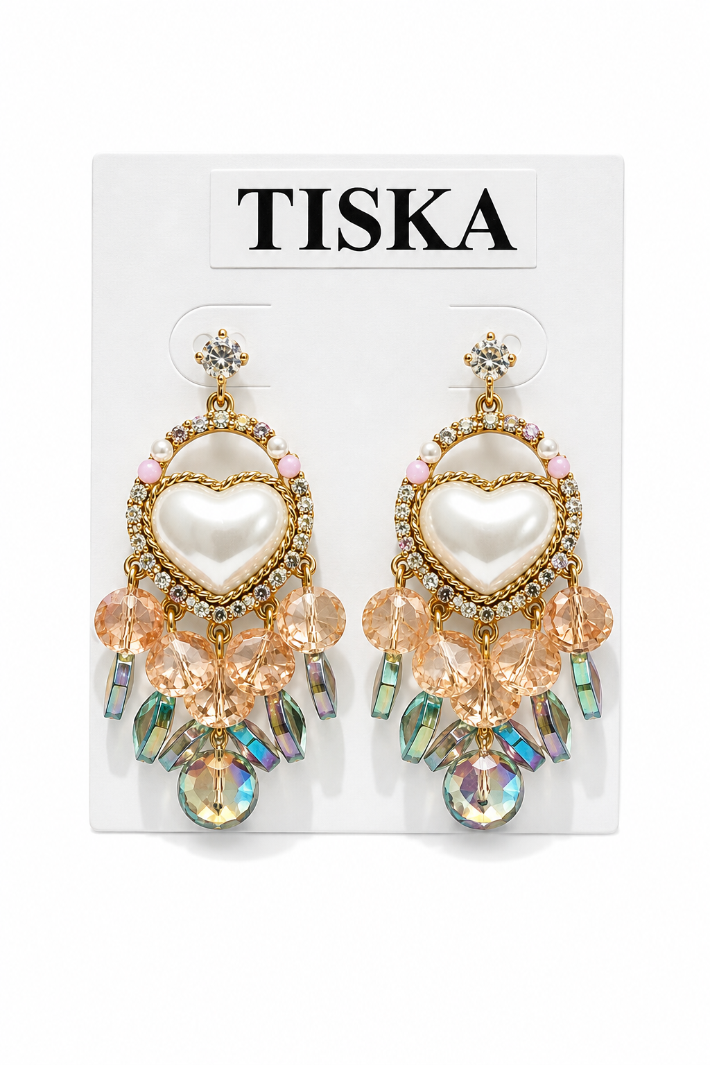 Pearl Heart Crystal Drop Statement Earrings