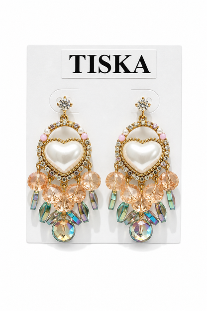 Pearl Heart Crystal Drop Statement Earrings