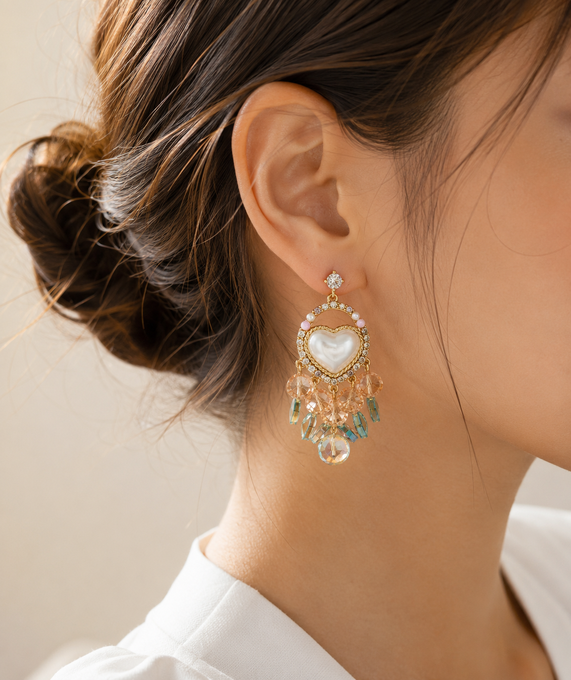 Pearl Heart Crystal Drop Statement Earrings