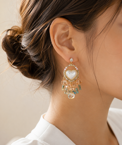 Pearl Heart Crystal Drop Statement Earrings